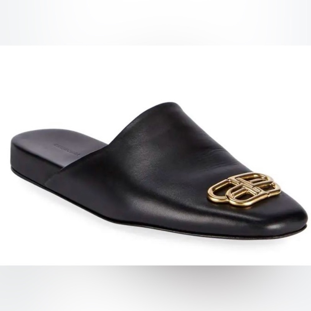 Balenciaga Black Mules with Gold Logo